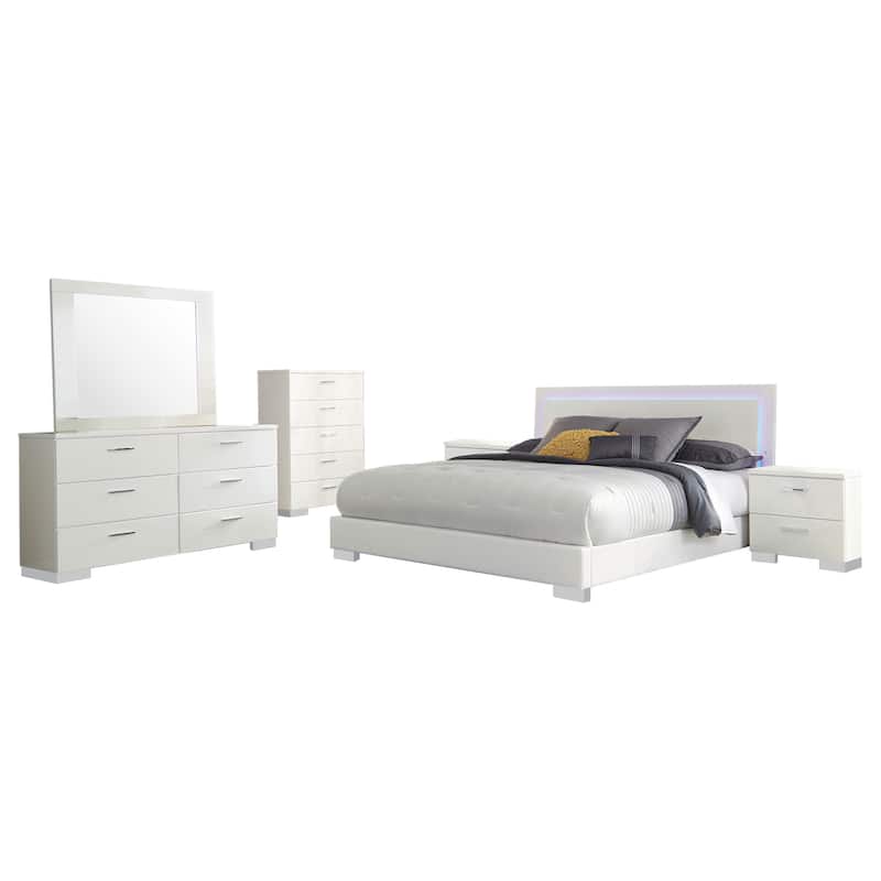 Sok 6pc Queen Bedroom Set, Faux Leather Upholstery, High Gloss White