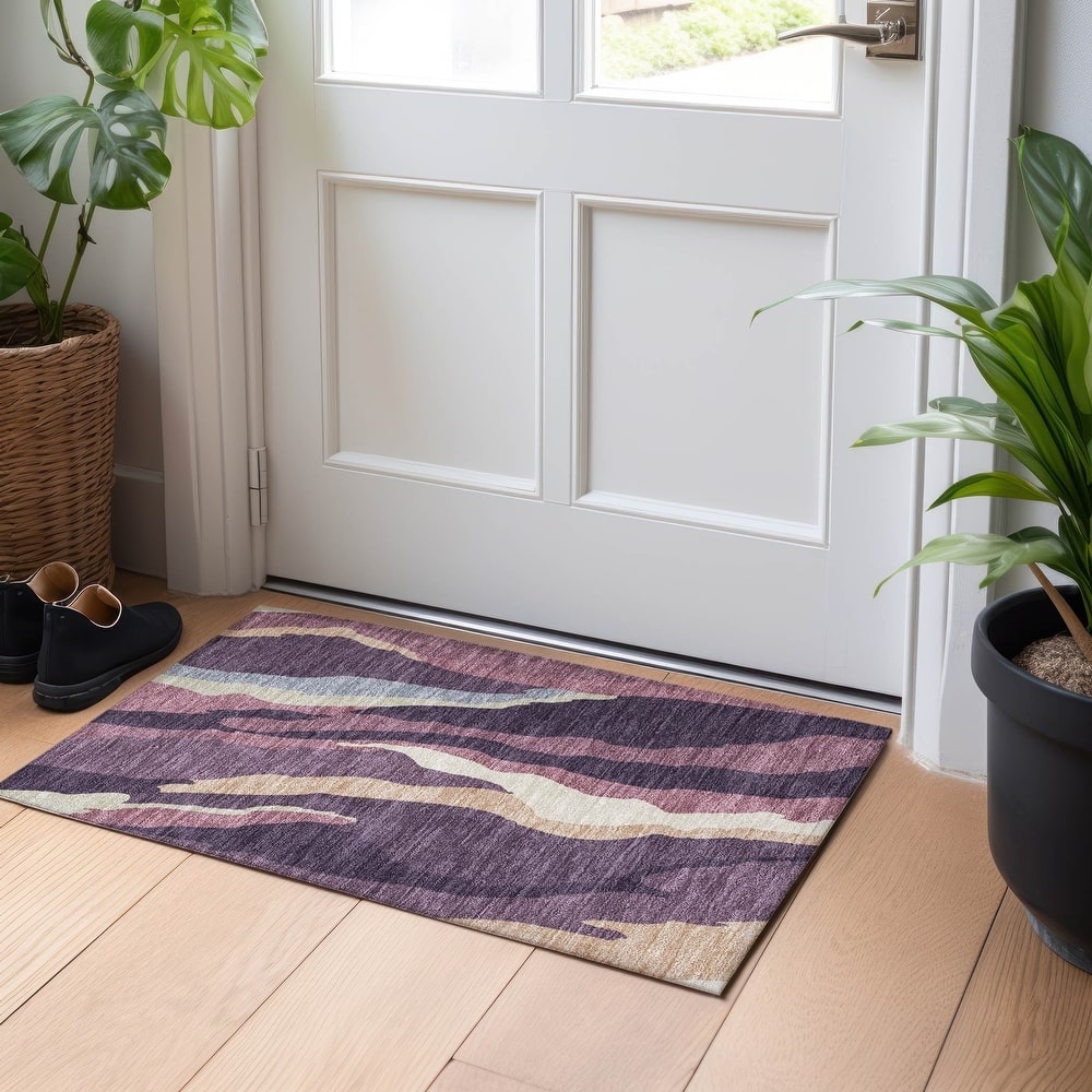 Machine Washable Indoor/ Outdoor Abstract Contemporary Chantille Rug