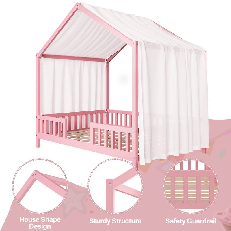 Montessori Bed, House-shape Frame Platform Bed for Kids Toddler, Wood House Daybed with High Railings and Roof, Canopy Bed Frame