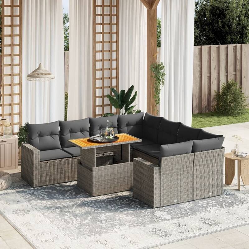 vidaXL Patio Sofa Set with Cushions Center and Corner Seats 9 Piece Poly Rattan - 21.7 x 39.4 x 28.7 - Grey
