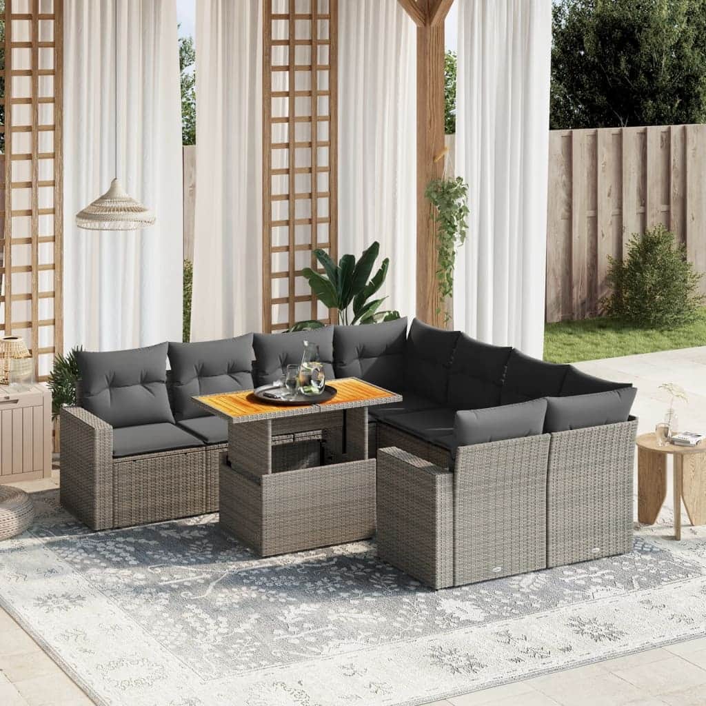 vidaXL Patio Sofa Set with Cushions Center and Corner Seats 9 Piece Poly Rattan - 21.7 x 39.4 x 28.7