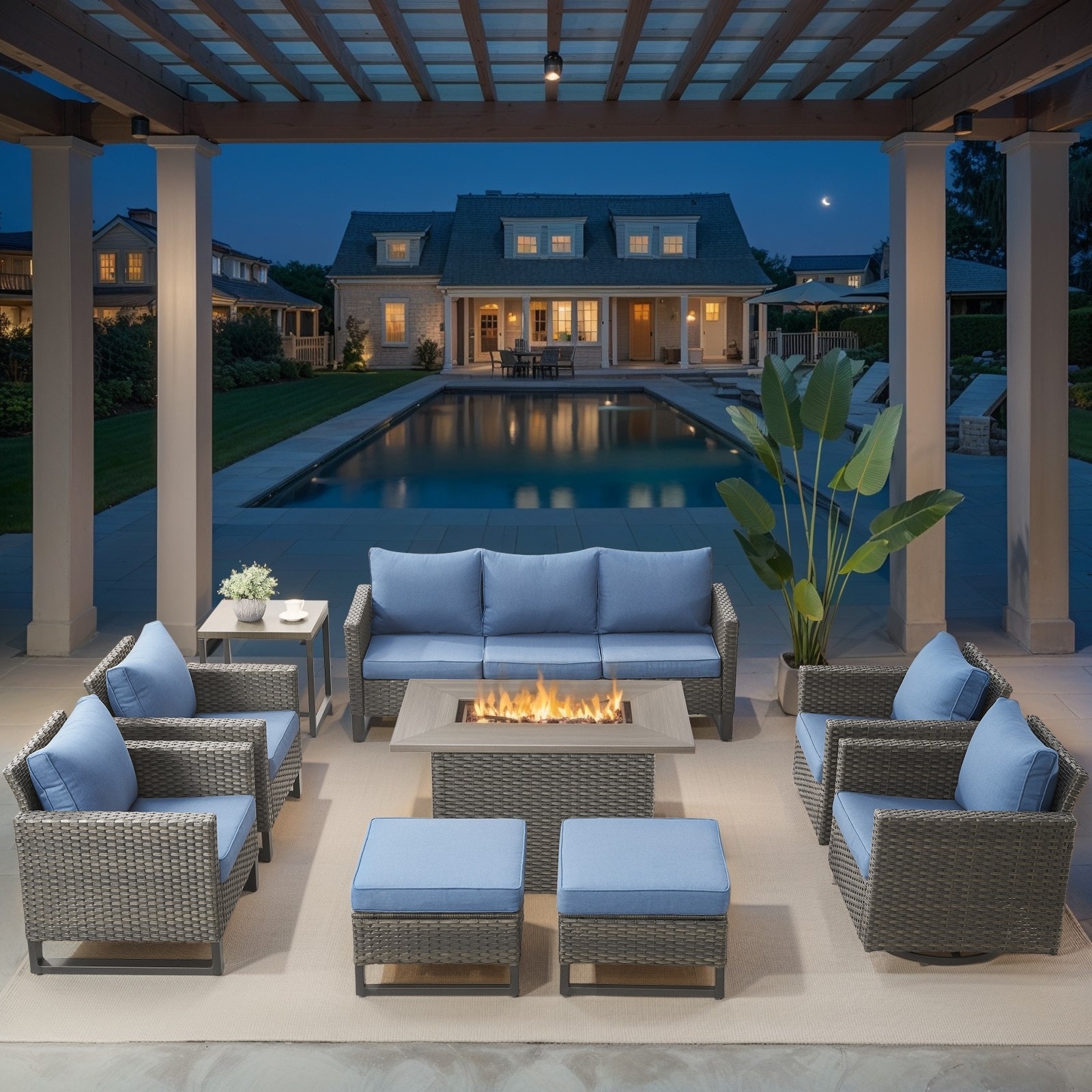 Outdoor Sofa Swivel Chairs Set with Fire Pit Table - Blue cushion - Grey