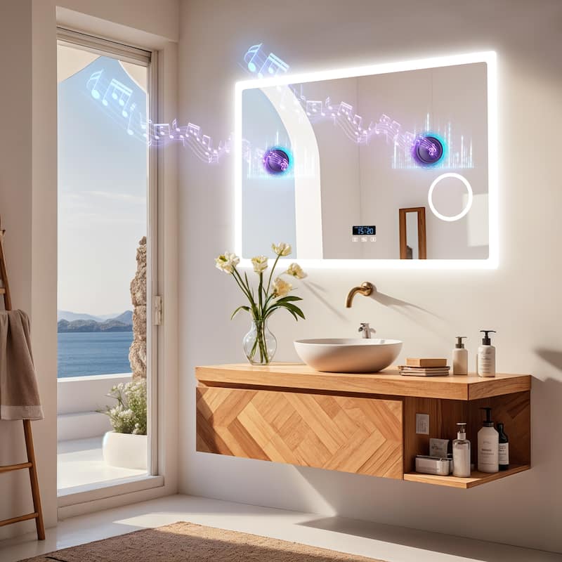 Smart LED Bathroom Mirror with Bluetooth Speaker, Anti-Fog Magnifying