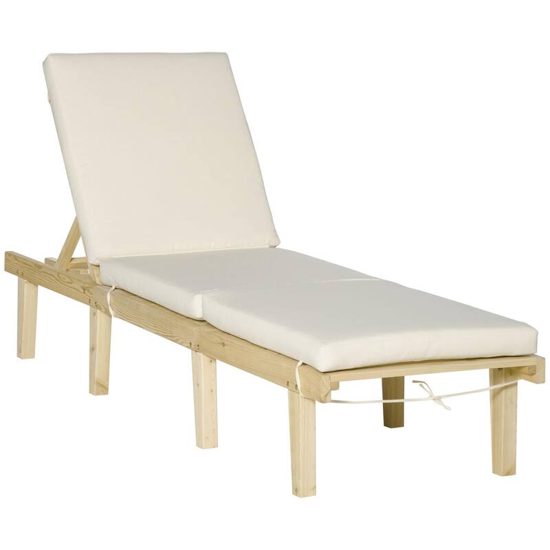 Outdoor Solid Wood Frame Recliner with Adjustable Backrest and Cushion - Beige