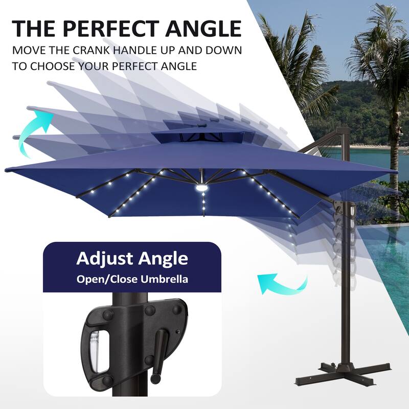 Pellebant Outdoor 10x13FT Patio Cantilever Umbrella Dual Top Lar Lighted