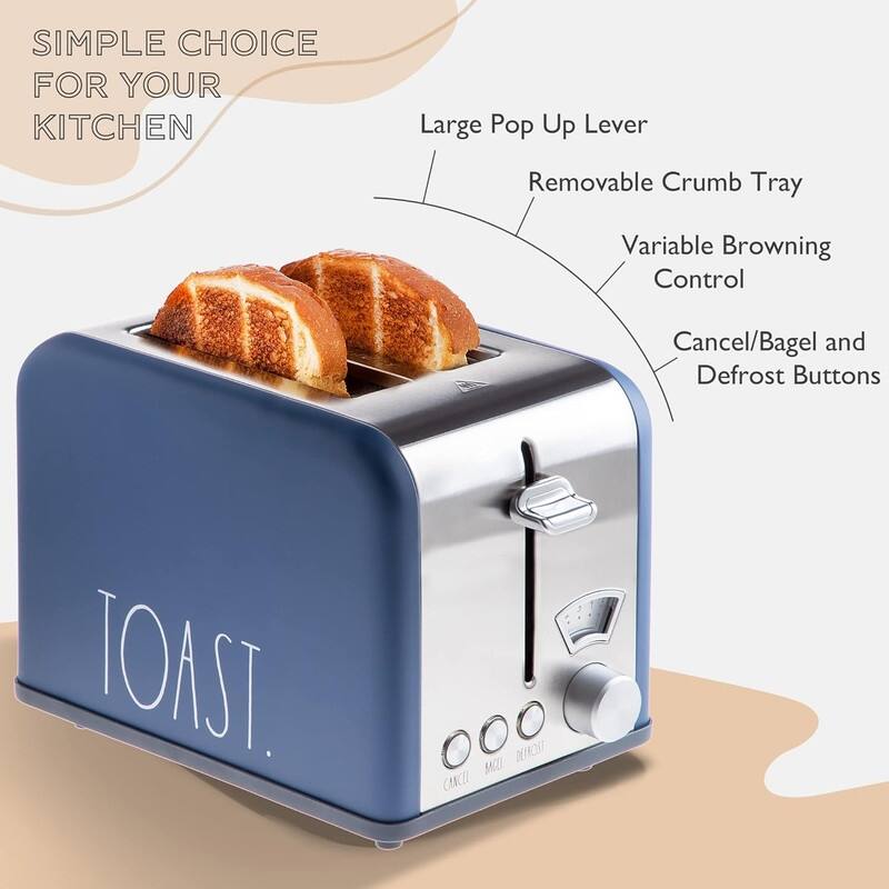 Rae Dunn Toaster, Stainless Steel 2 Slice Square Toaster, Wide Slot with 5 Browning Levels, with Bagel, Defrost