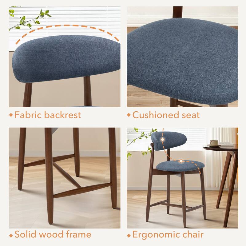 Mid-Century Modern Upholstered Bar Stools with Backrest - Solid Wood Legs Counter Height Stools