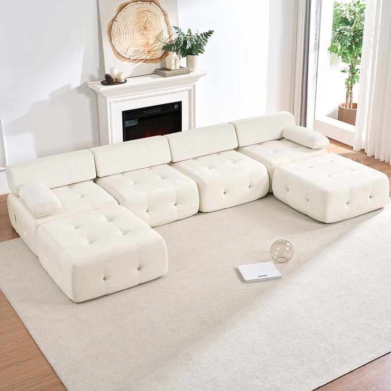 Mixoy Modular 134inch Modular Sectional Sofa with 2 Ottoman,Velvet U-Shaped Couch for Living Room - 133.9"w x 66.9"D x 24.8"H - BEIGE - Reversible