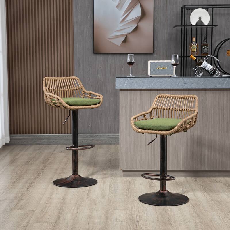360° Swivel Bar Stools Set of 2, Adjustable Counter Height Chairs with Footrest, Rattan Bar Chairs with Cushions