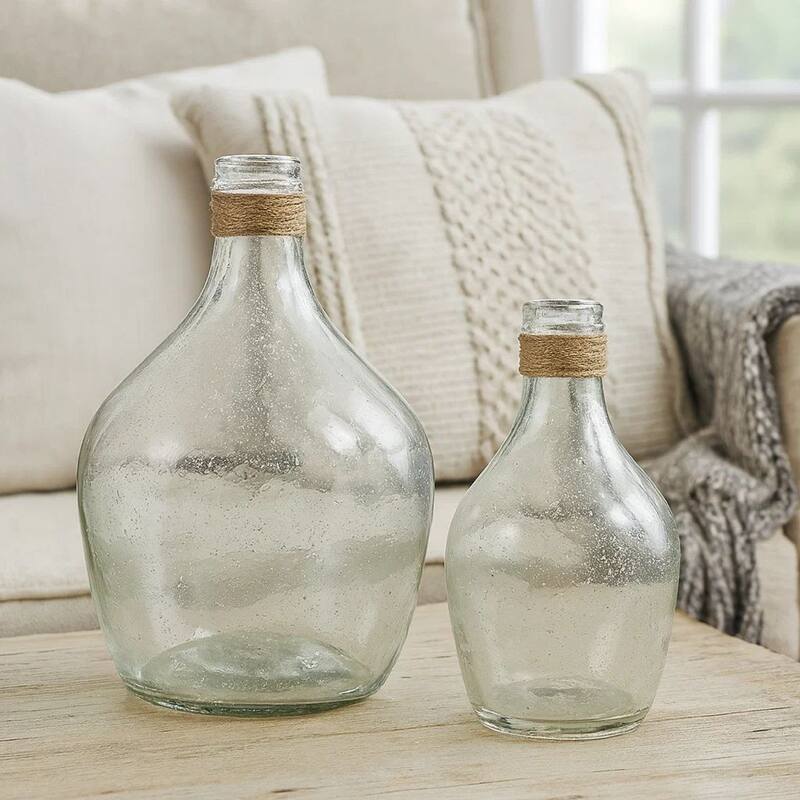 Vase with Bottleneck and Rope Accent, Set of 2, Clear