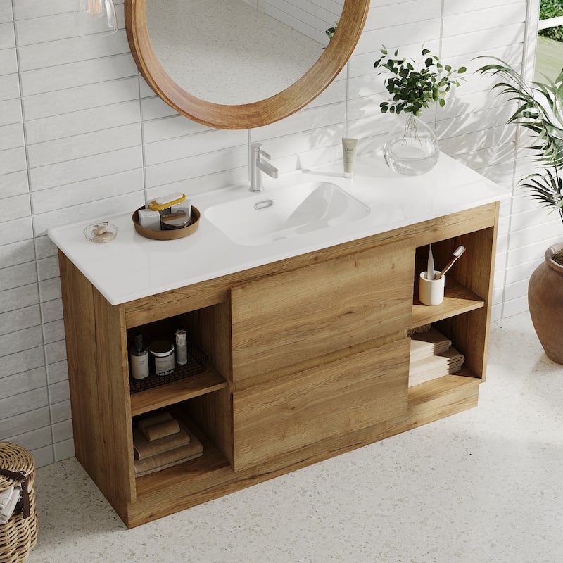 47"Mid Century Single Bathroom Vanities with Sink, White Vanities with 2 Drawers and 4 Shelves