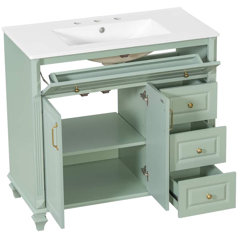 Merax Solid Wood Bathroom Vanity with Sink, Flip Drawer, 3 Drawers & 2 Doors