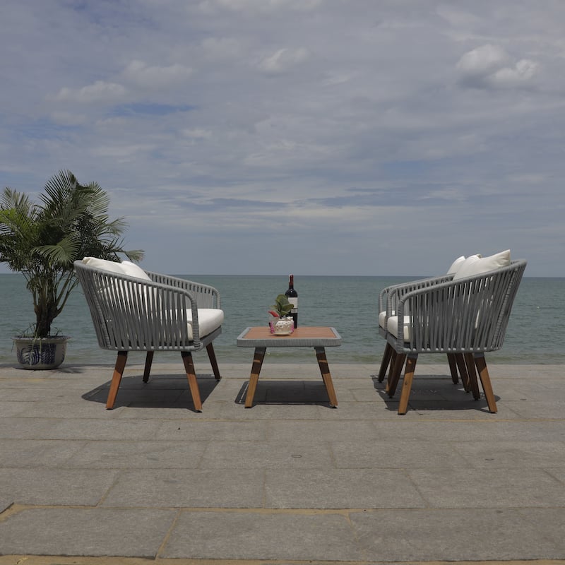 SAFAVIEH Outdoor Amelie 4 Piece Coastal Patio Chat Set - 55W x 31D x 28H - Grey/Beige