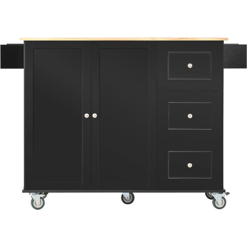 Mobile Drop Leaf Kitchen Cart on Locking Wheels with Wood Top, 52.7'' Large Storage Cabinets with Adjustable Shelves & 3 Drawer