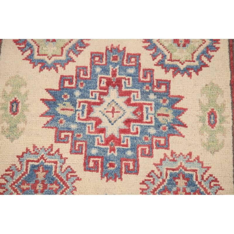 Hand Knotted Oriental 100% Wool Carpet Traditional Geometric Beige & Ivories Kazak Runner Rug - 8' 5'' X 2' 9''