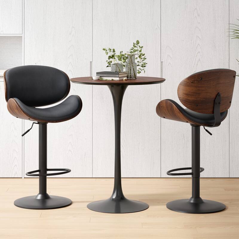Swivel Bar Stools Set of 2, Adjustable Height Bentwood Barstools with PU Leather Upholstered Seat, Backrest and Footrest