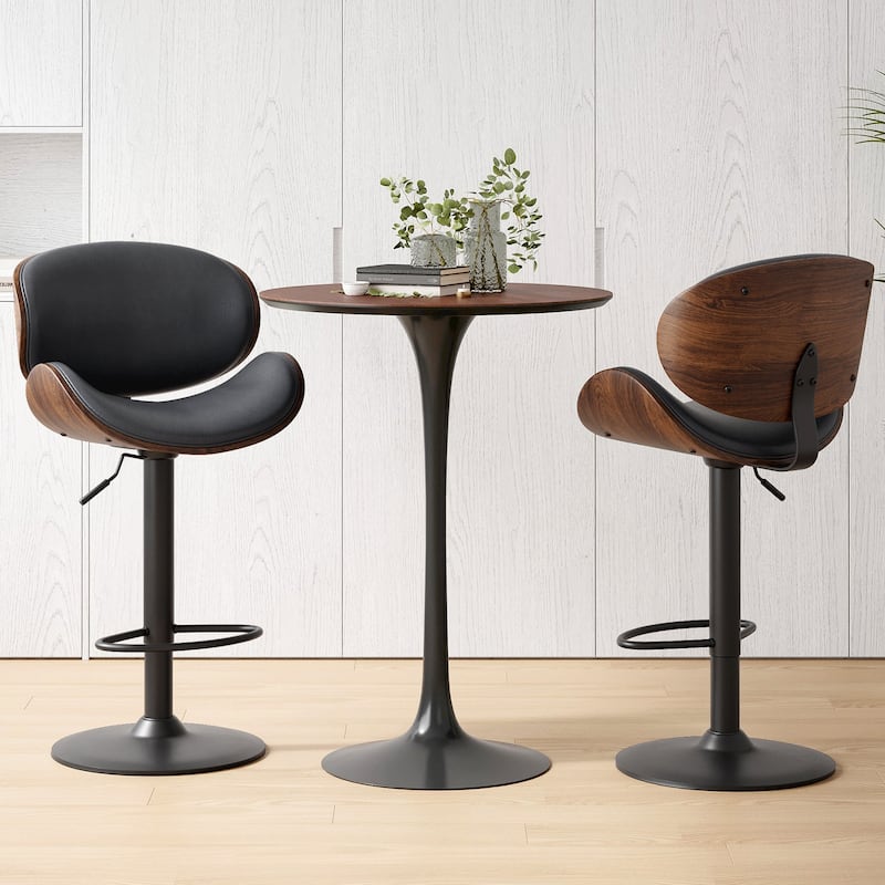 Swivel Bar Stools Set of 2 Adjustable Height Bentwood Barstools with PU Leather Upholstered Seat