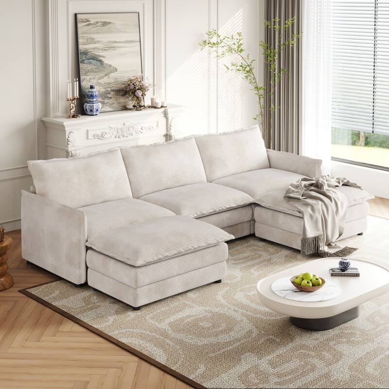 3-seater Cloud Sofa Corduroy Upholstered Sectional Couch with Ottoman