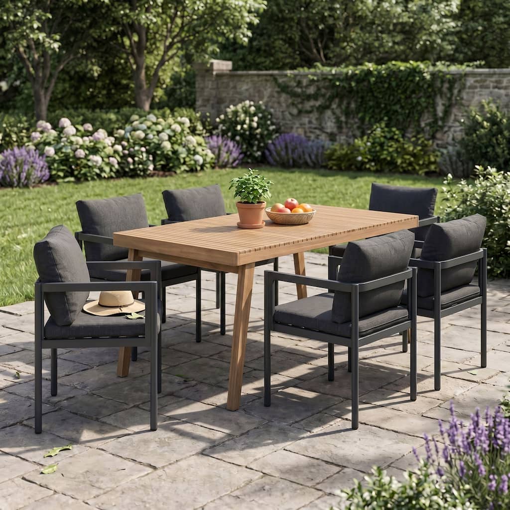 Christopher Knight Home - Hadley 5-Piece Outdoor Dining Set, Acacia Wood Slatted Table & Aluminum Square Armchairs with Cushions