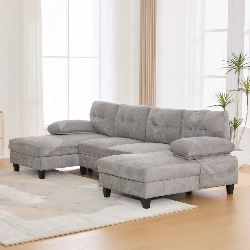 U-Shaped Modular Sectional Sofa with Dual Chaise Lounges, Chenille Fabric Cloud Couch with Storage Pockets & Armrest Pillows