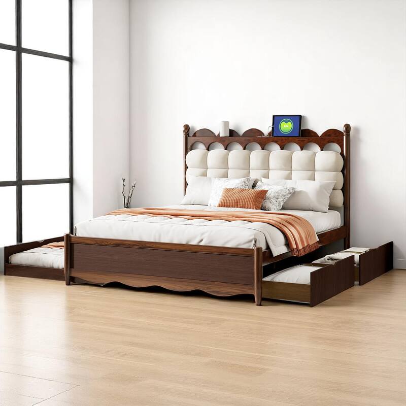 Queen Platform Bed with Trundle, 2 Big Drawers, USB & Power Outlets for Extra Storage
