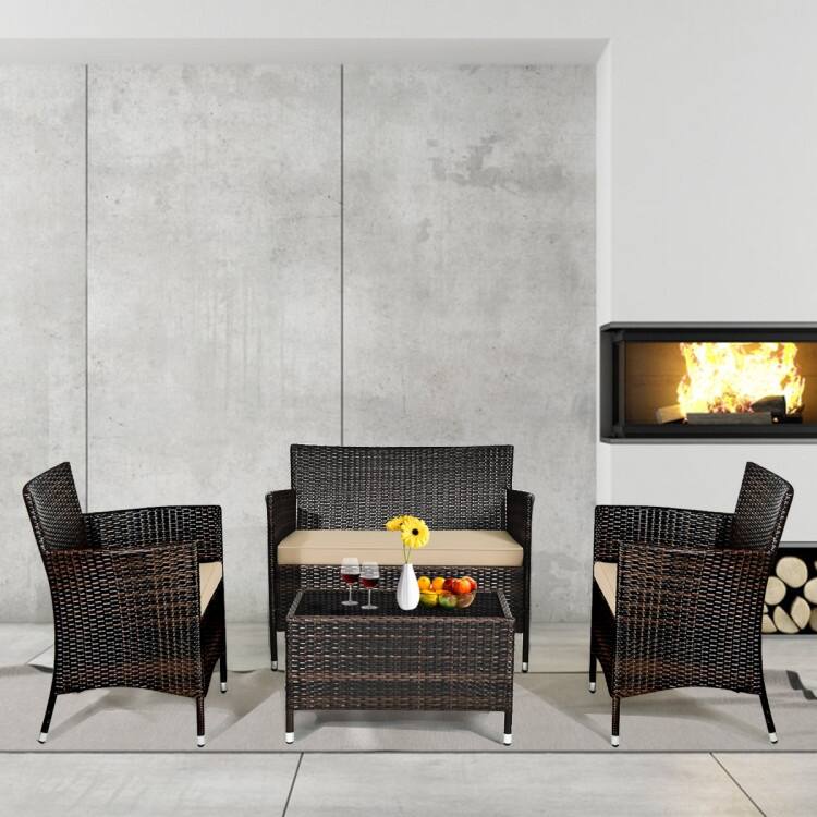Rattan Patio Conversation Furniture Set with Glass Table and Comfortable Sofa - 4 Pcs