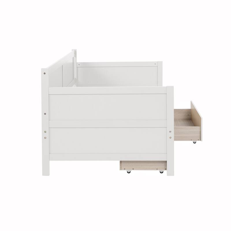 Twin Size White Pine Wood Daybed with 2 Storage Drawers, Convertible Sofa Bed for Bedroom or Living Room