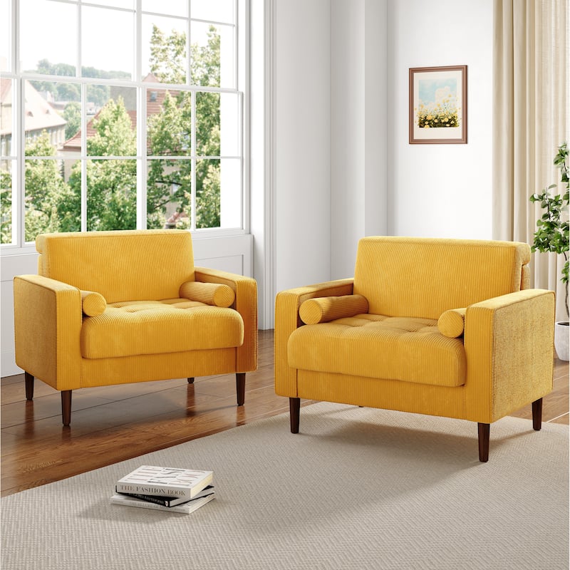 2 Set Modern Wide Armchair Corduroy Accent Chairs - Yellow