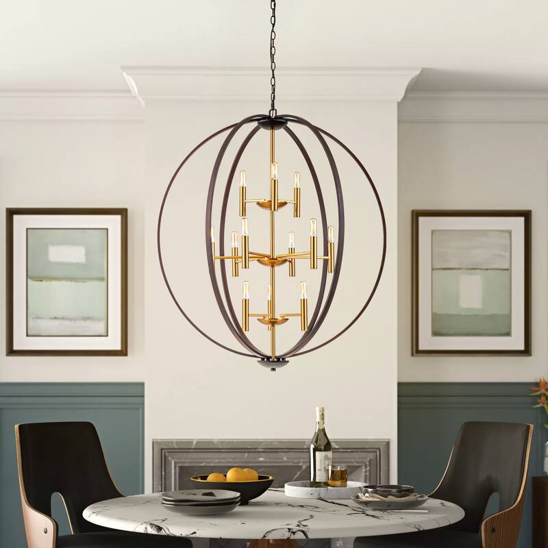 12-Light Industrial 3-Tier Cage Globe Oversized Pendant Traditional Large Chandelier for Living Room - 35.4 in. W x 41.3 in. H