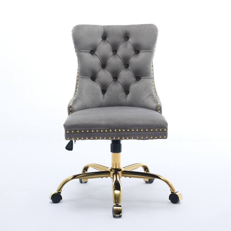 GDF Studio - Velvet Tufted Upholstered Home Office Chair with Golden Metal Base with Swivel Adjustment and Elegant Button Back