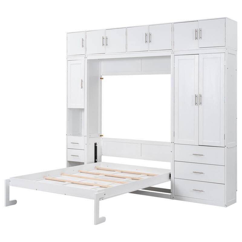 Twin/Full Size Murphy Bed with Wardrobe, Storage Drawers and Lockers, Solid Wood Wall Bed Cabinet Bed w/ Open Shelves & Cabinets