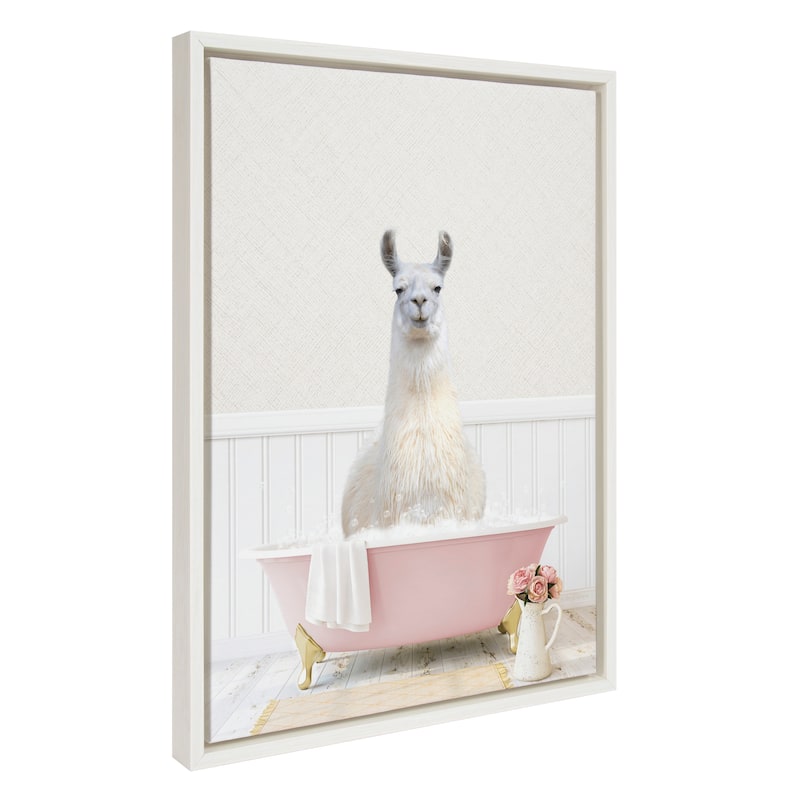 Kate and Laurel Sylvie Llama Rose Bath Framed Canvas by Amy Peterson - 18x24 - Plastic - White