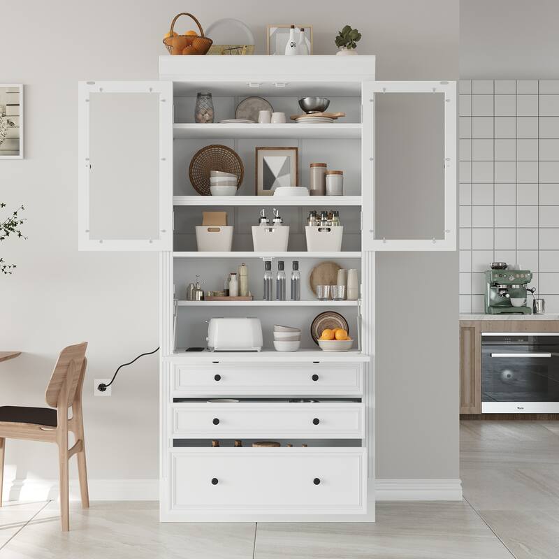 Roomfitters 78 Inch Tall Kitchen Pantry Storage Cabinet with Power Outlet and Drop-Down Surface - White