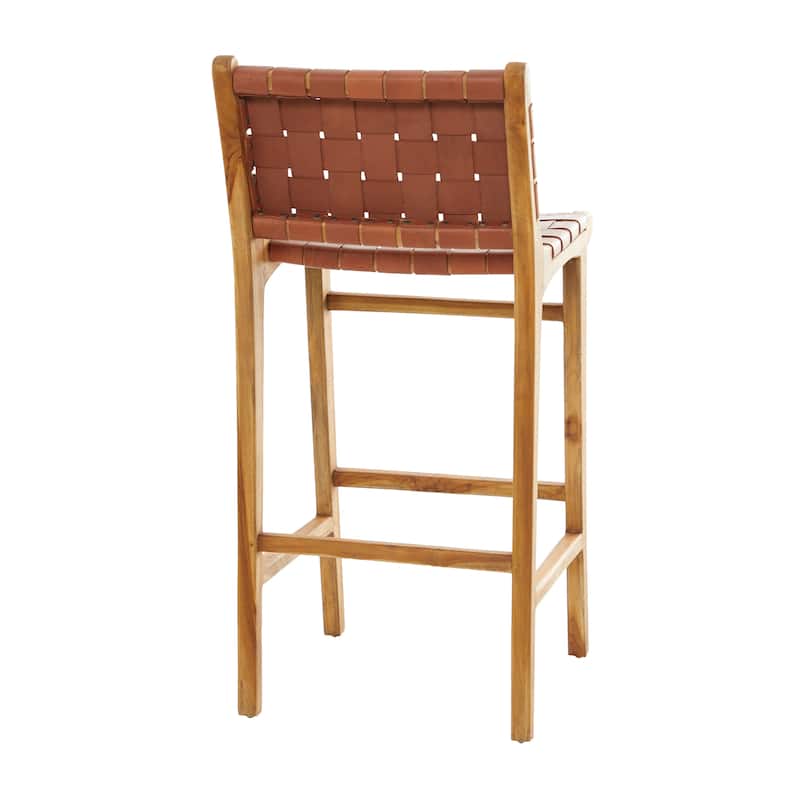 Camel Brown or Black Teak Wood Woven Leather Seat and Back Bar Stool with Beam Footrest