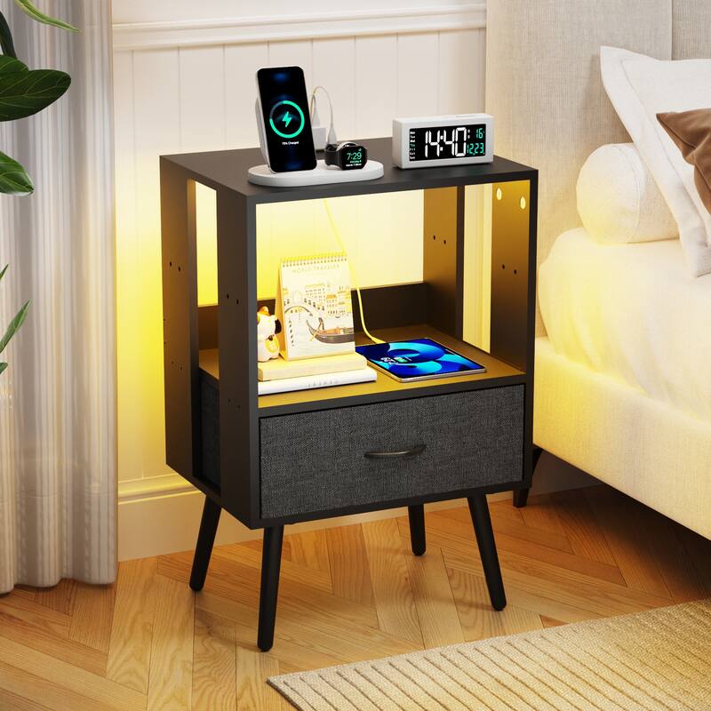 2 Pack Modern LED Nightstand with Charging Station and Fabric Drawers