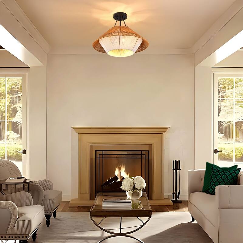 3-Light Natural Rattan Semi Flush Mount Light