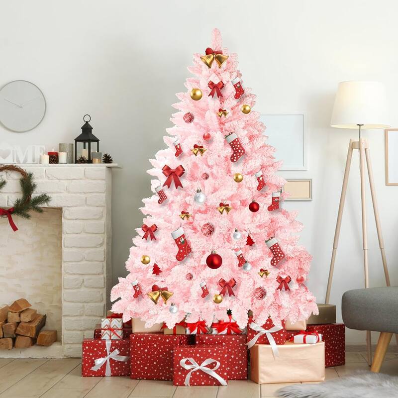 6ft-7ft Artificial Snow Flocked Christmas Tree with Metal Stable Stand Base for Indoor and Outdoor Holiday Decoration