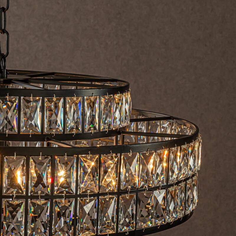 CraftHome Modern Crystal Chandelier Matte Black Finish Drum Pendant Light for Small Spaces Dining Room Entryway