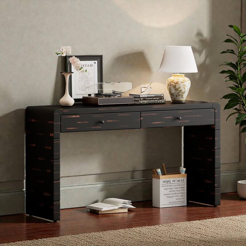 Curved Farmhouse Console Table with Storage, Wooden Entryway Table with 2 Drawers for Hallway
