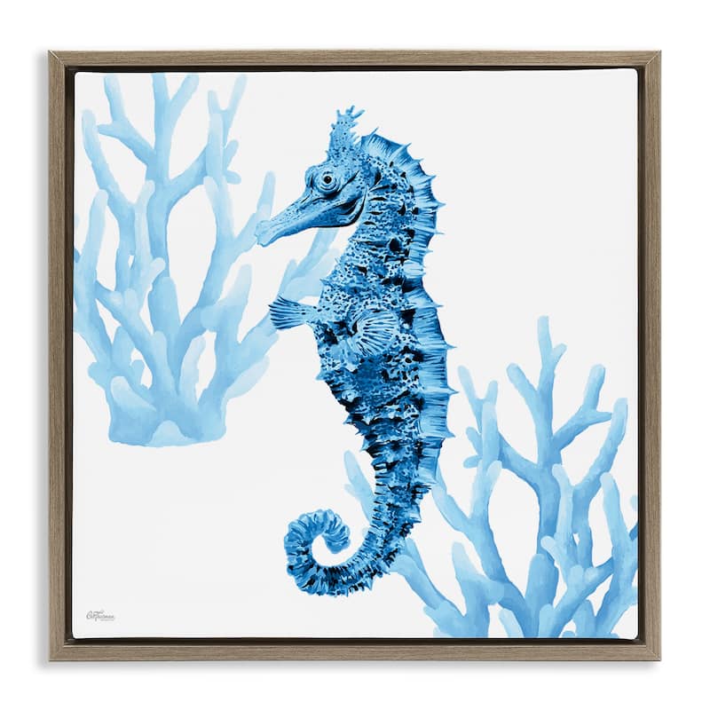 Stupell Blue Tone Seahorse & Coral Framed Floater Canvas Wall Art Design By Cat Thurman Designs - 25 x 25 - Brown