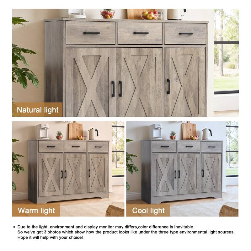 Barn Door Buffets Storage Cabinet Sideboards with 3 Drawers