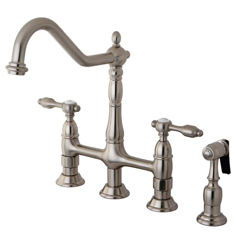 Kingston Brass Tudor Bridge Kitchen Faucet with Brass Sprayer - Brushed Nickel