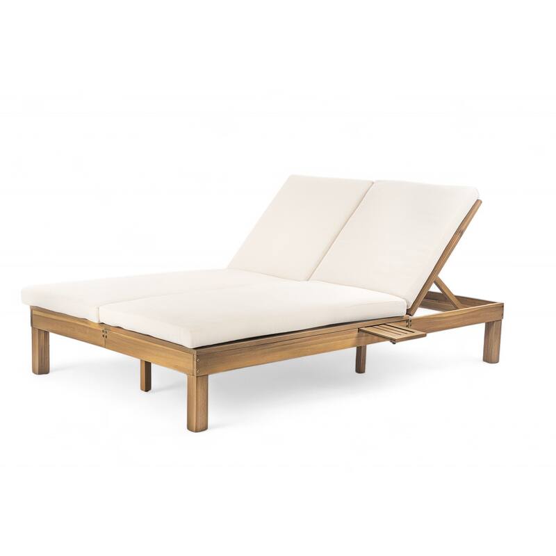 Outdoor Patio Acacia Wood Double Daybed Sunbed with Adjustable Backrest and Folding Side Trays