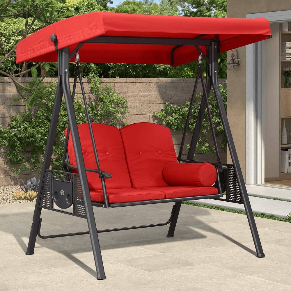PURPLE LEAF Outdoor Patio Porch Swing with Stand, 2-seat Swing Chair with Adjustable Tilt Canopy All-Weather Steel Frame