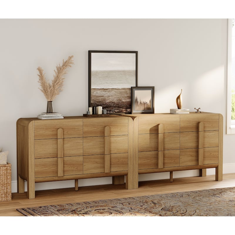 WAMPAT Mid Century 6 Drawer Dresser Set Of 2, 47.2" Modern Chest Of Drawers With Storage, Curved Profile Wood Double Dresser