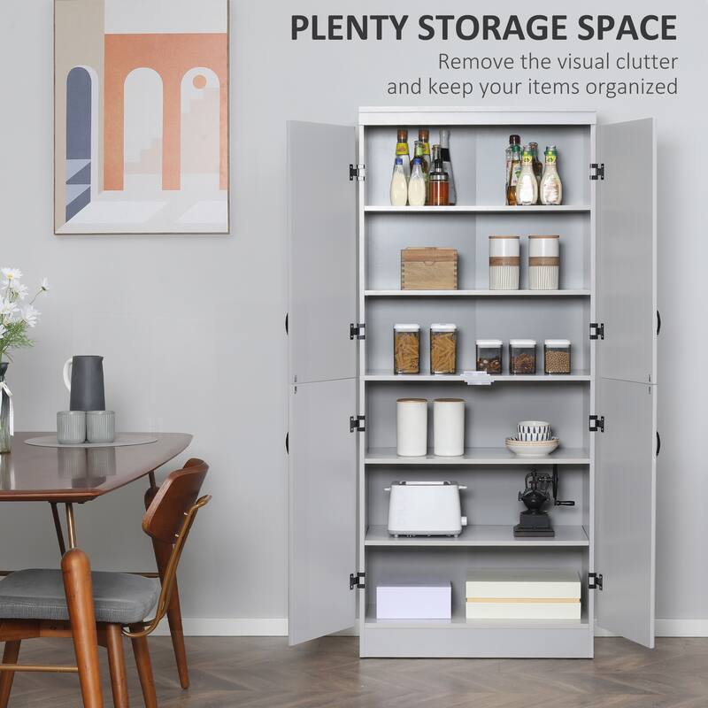 70" Kitchen Pantry, Tall Freestanding Storage Cabinet, 6-tier Shelving with 2 Adjustable Shelves and 4 Doors Gray