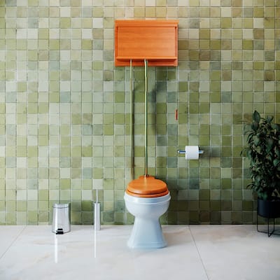 High Tank Toilet - Light Oak Raised Tank, White Round Bowl and Chrome L Pipes Renovators Supply