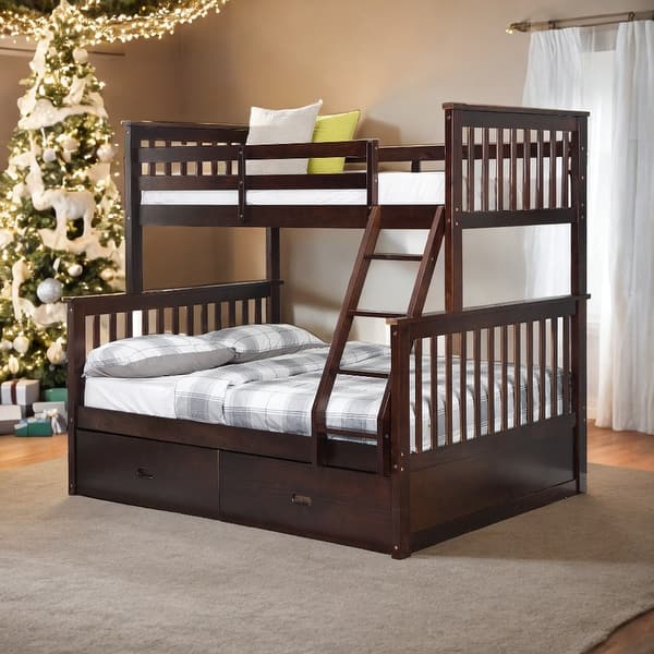 slide 2 of 25, Twin Over Full Bunk Bed with Drawers and Guardrails,Kids Bed Design Espresso