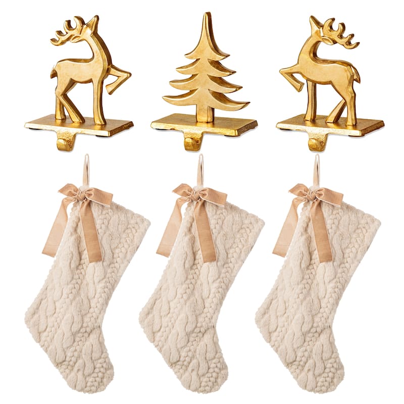Glitzhome Resin Christmas Tree and Reindeer Stocking Holder with Stocking - 6PK Beige Stocking & Stocking holders