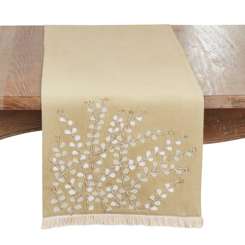 Embroidered Botanical Table Runner - Lined Decorative Table Runner with Fringe for Dining & Console Tables, 16"x72" - 16"x72" - Green